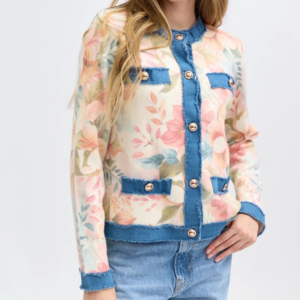 FROM PARIS FRANCE Floral Patterned Jacket with Blue Accents